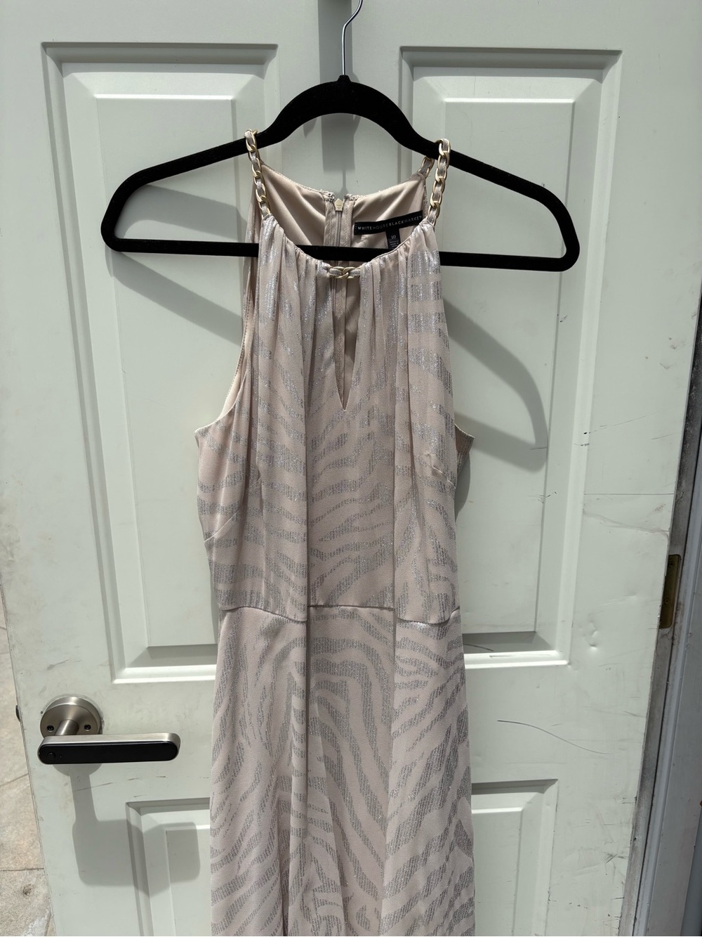 White House Black Market Cream One-Shoulder Evening Dress with Chain Detail